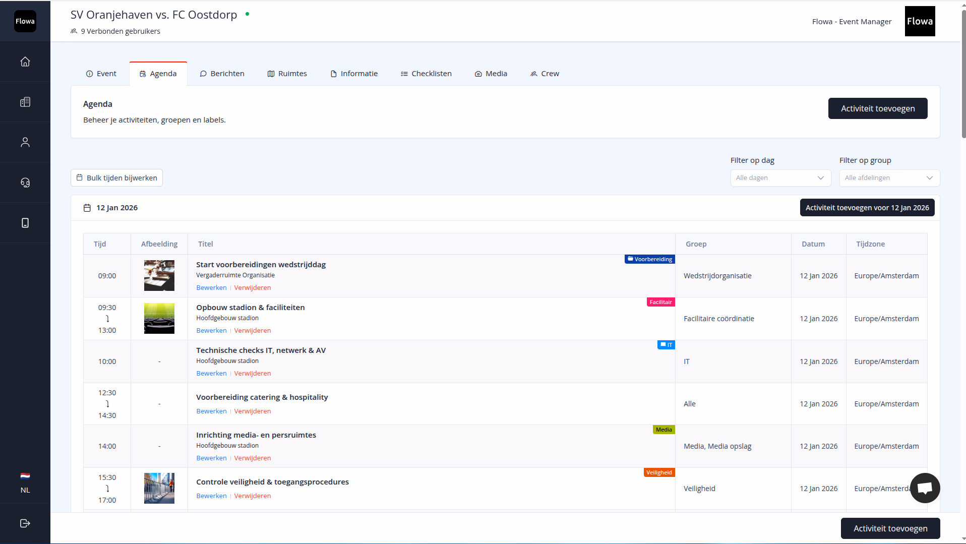 Flowa-Dashboard mit der Agenda eines Spieltags