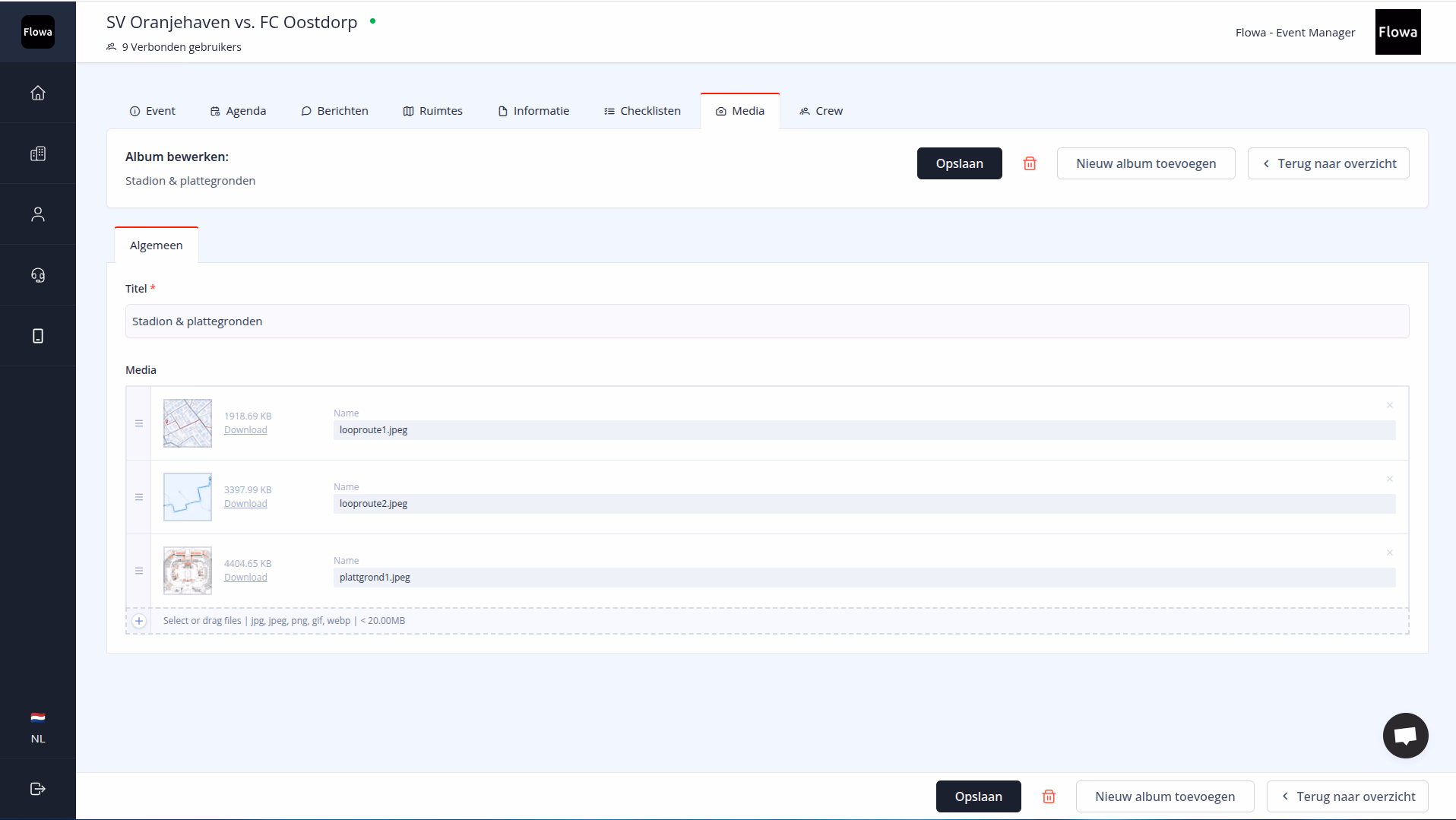 Flowa-Dashboard mit den Anhängen eines Spieltags