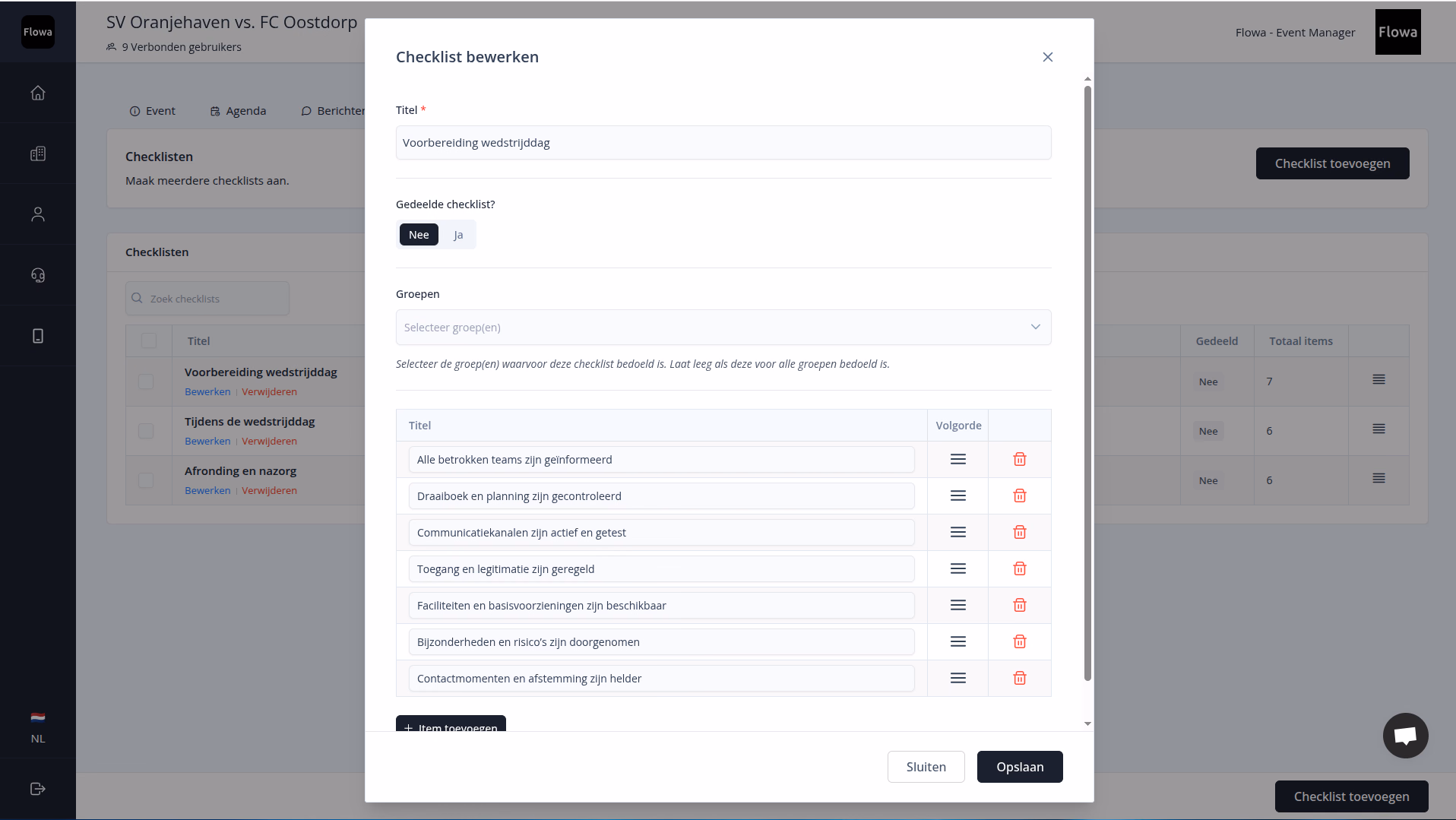 Flowa-Dashboard mit den Checklisten eines Spieltags