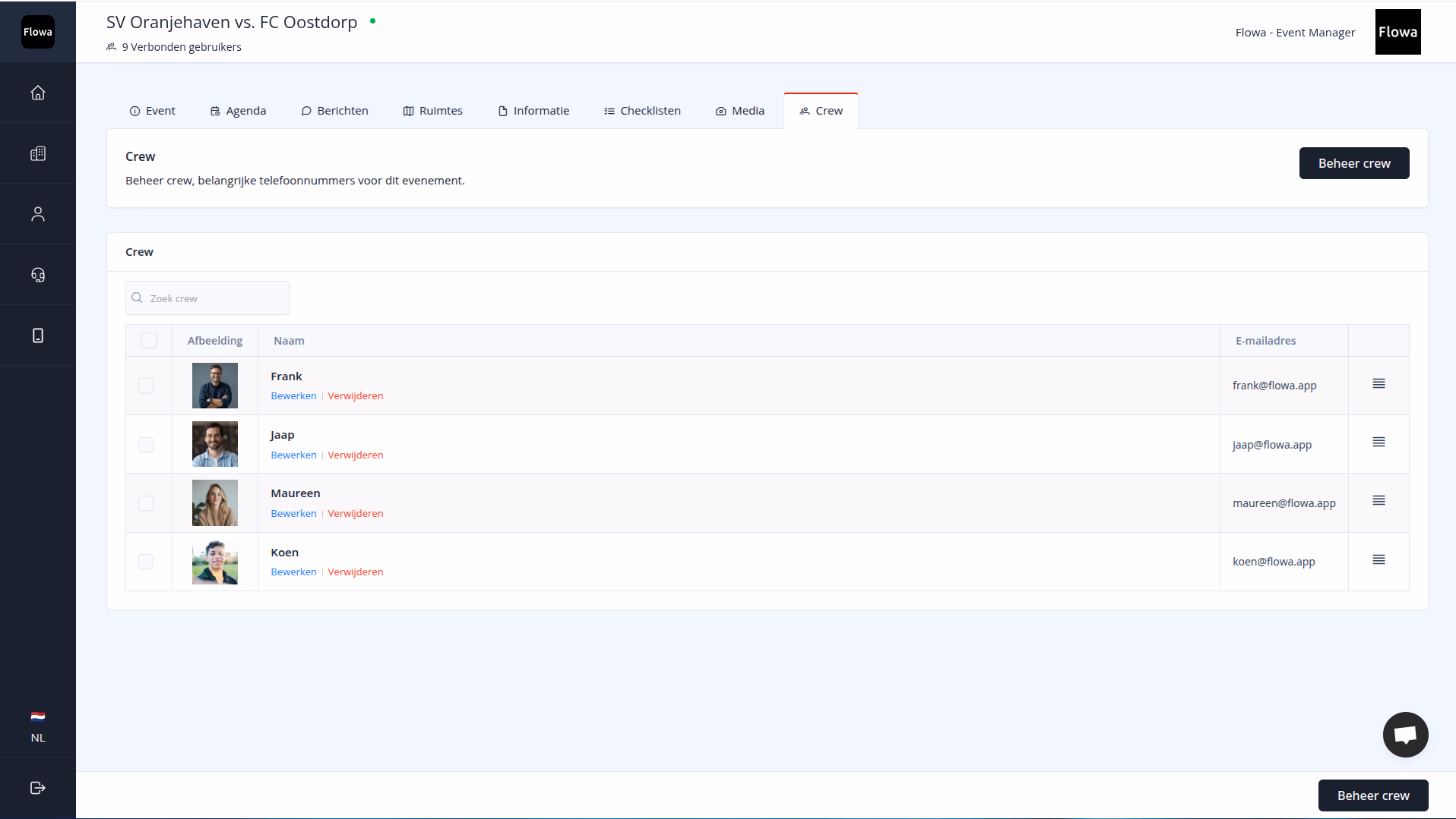 Flowa-Dashboard mit der Crew eines Spieltags