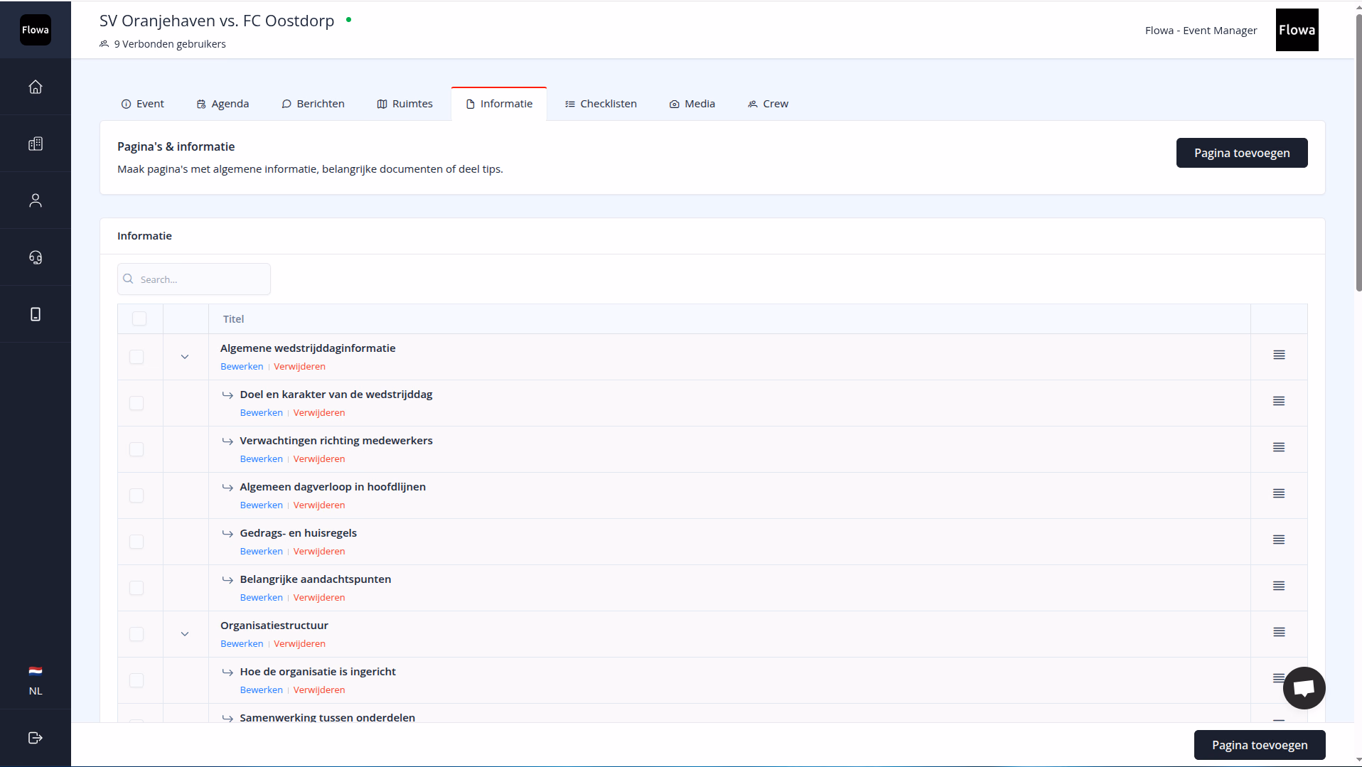 Flowa-Dashboard mit den Informationen eines Spieltags